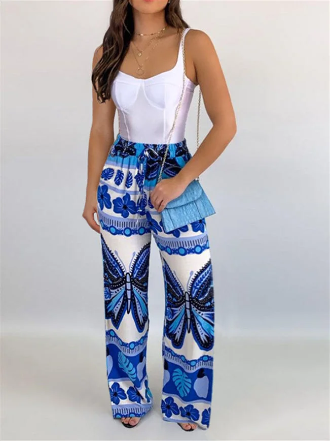 Women's Floral Printed Lace-up Casual Pants