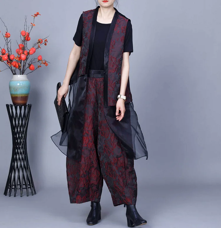 Literary Vintage Splicing Top&Pants Two Piece Set