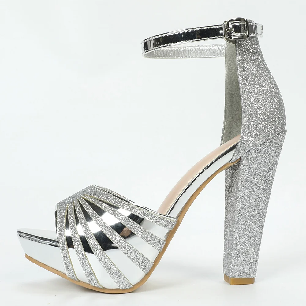 Full Color Glitter Plaid Almond Toe Sandals Classic Ankle Strap Block Heels Nicepairs