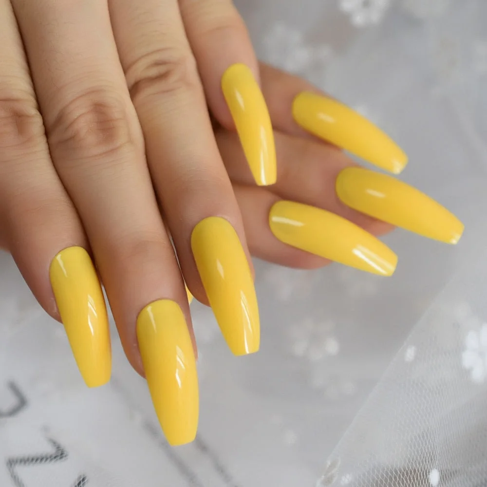 Neon Yellow Tip Short Petie Press On Nails Squoval Glossy Solid Fake Nails Square Head Color Tips for Daily Wear 24-Nail Inspo