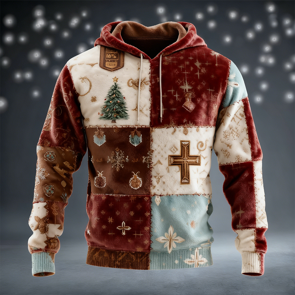 Men's Christmas Elements Patchwork Hooded Flannel Sweatshirt elevenforest