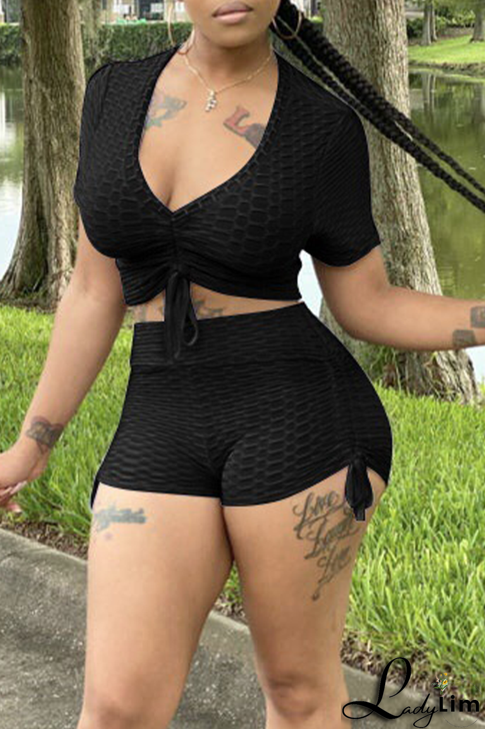 Grey Fashion Solid Patchwork V Neck Short Sleeve Two Pieces