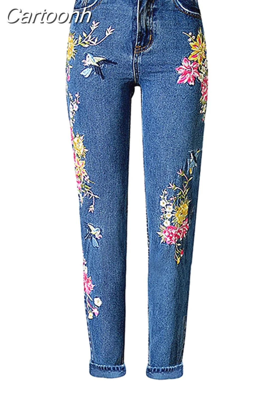 Cartoonh Fashion Spring Street Style Denim Pant Women Straight Long Jeans 3D Flowers Embroidery High Waist Trousers Female