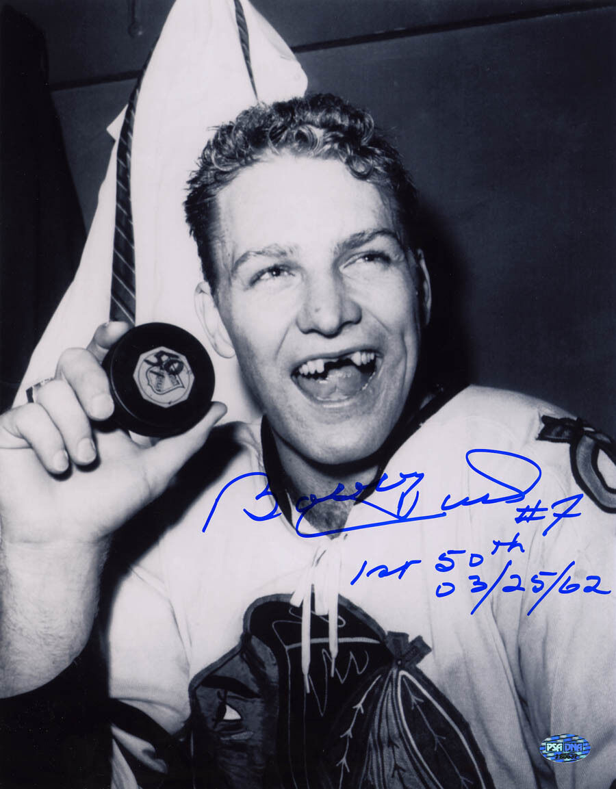 Bobby Hull SIGNED 11x14 Photo Poster painting + 1st 50th Chicago Blackhawks PSA/DNA AUTOGRAPHED