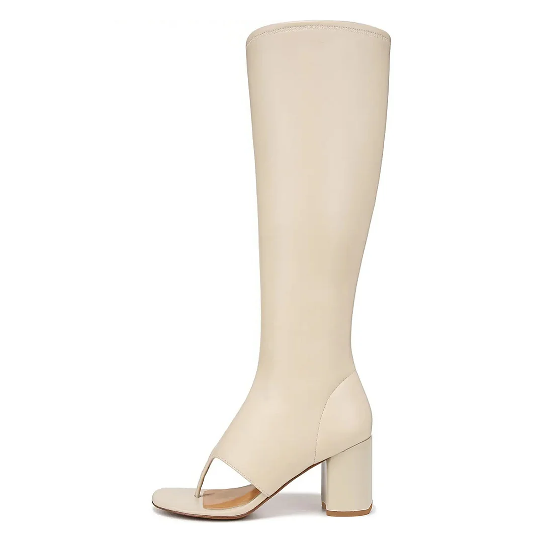 Vegan Leather Open-Toe Side-Zip Heeled Knee High Boots in Ivory