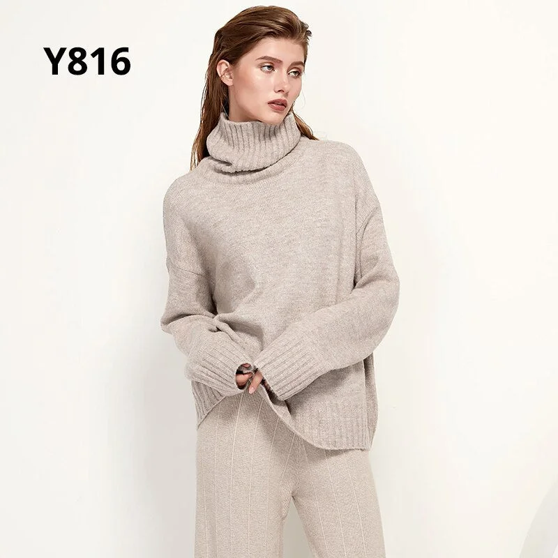 Aachoae Elegant Solid Knitted Two Piece Set Women Turtleneck Batwing Long Sleeve Loose Sweater Full Length Casual Wide Leg Pants
