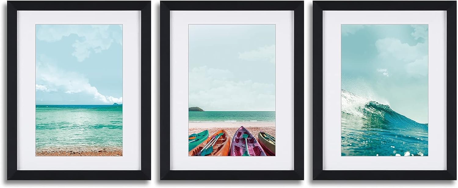 Ocean and Beach Framed Wall Art decor, Seascape Nature Scenery Pictures Canvas Wall Art with Black Frame and Mat3 Pieces Bedroom Canvas Prints Wall Paintings Modern Artwork for Living Room Bathroom CKY05