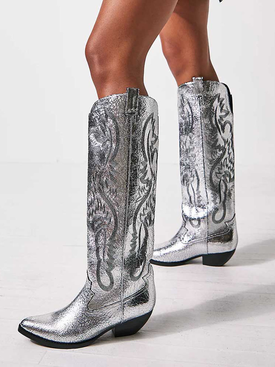 Metallic Silver Vegan Leather Knee-High Boots with Embroidery and Chunky Heels