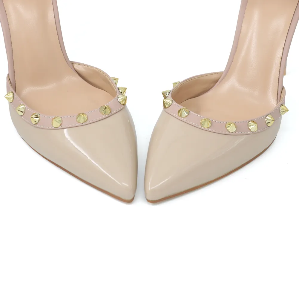 100mm Womens Pointed Toe Pumps Golden Point Rivets Ankle Strap Sandals-vocosishoes