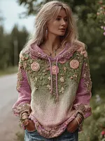 Vintage Bohemian Style Pink Rose Gradient Loose Casual Sweater