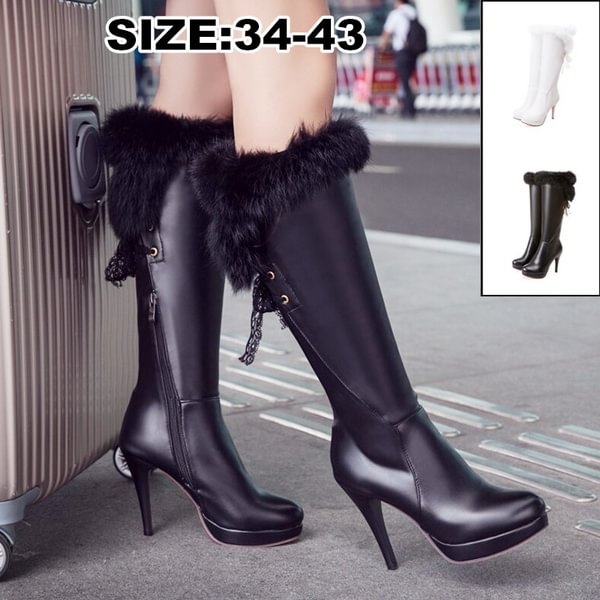 Fashion Knee High Boots Women's Winter Boots Thick High Heel Long Boots Round Slip on Shoes Woman Black White - Shop Trendy Women's Clothing | LoverChic