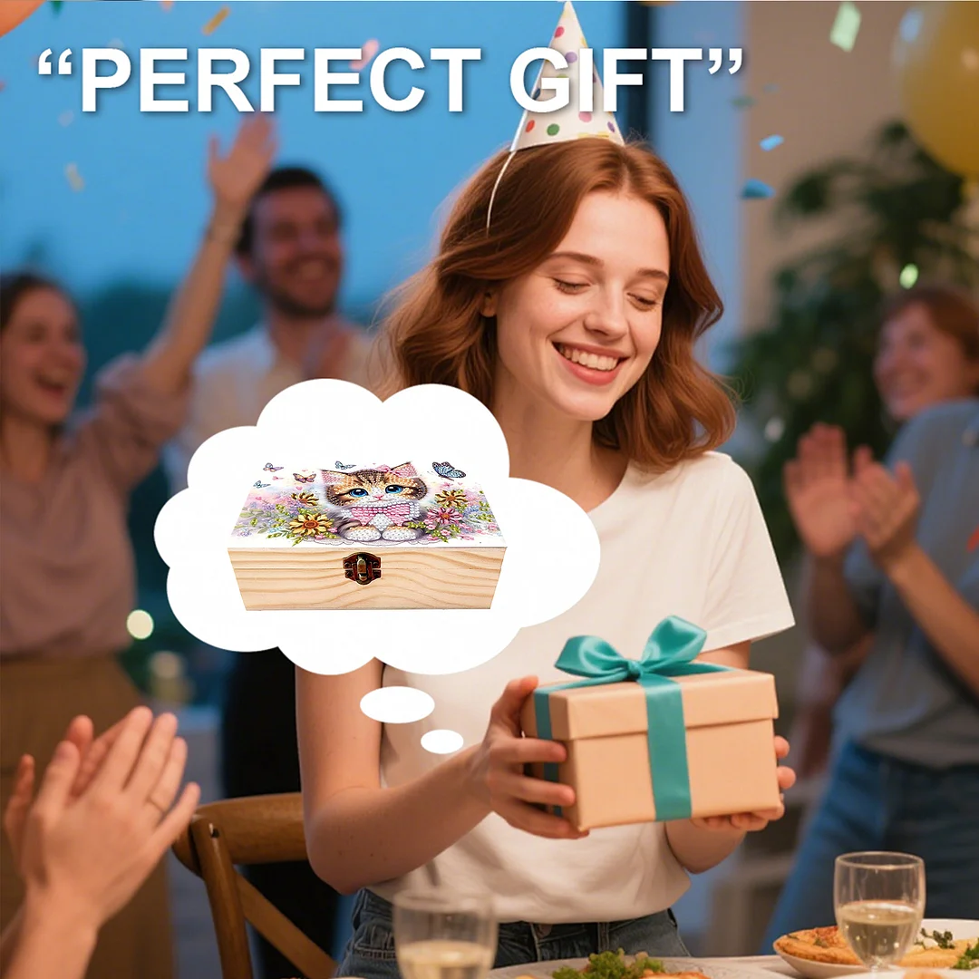 5D DIY Diamond Painting Handmade Wood Storage Box for Home Decor Craft (Cat)