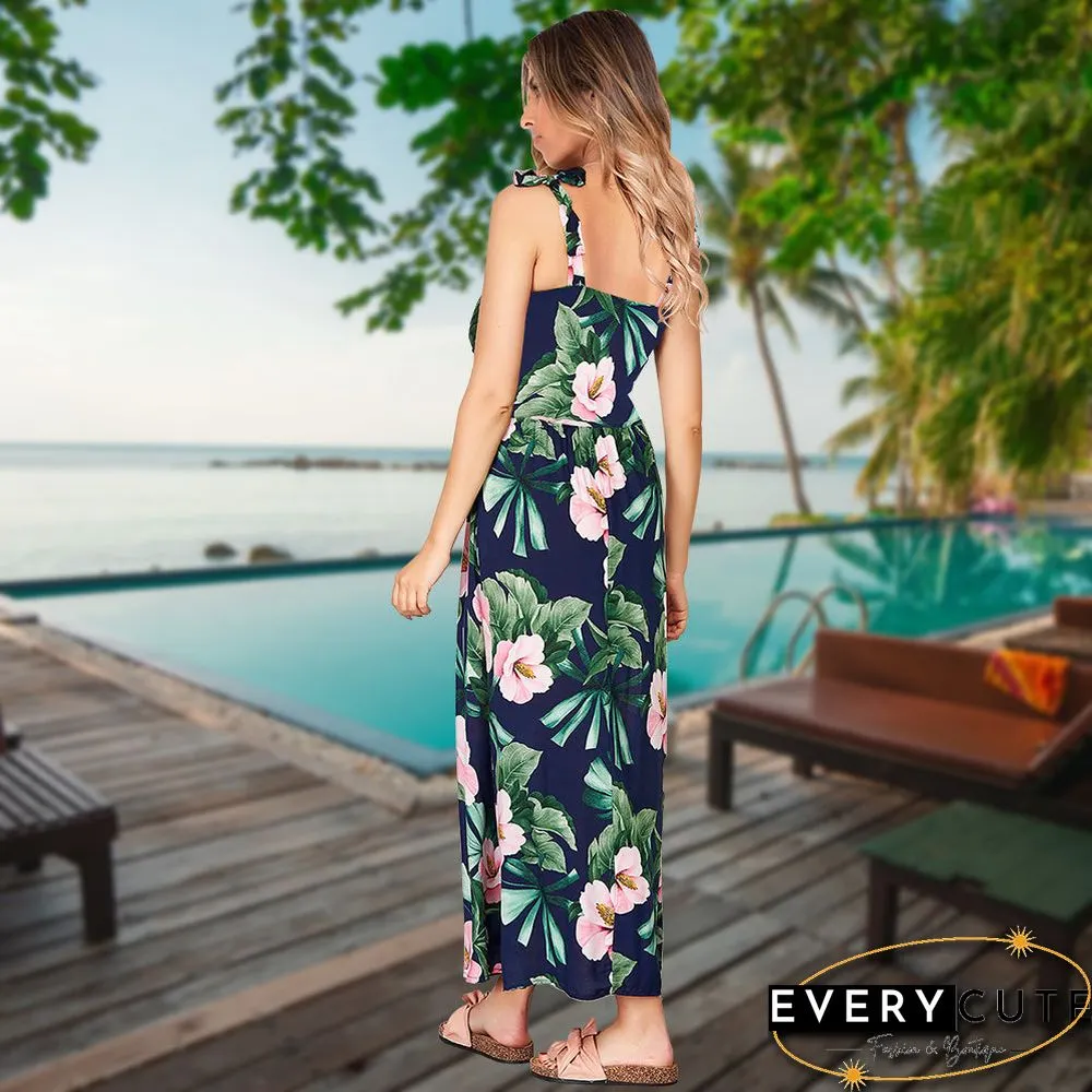 Adjustable Spaghetti Strap Floral V Neck Maxi Dress