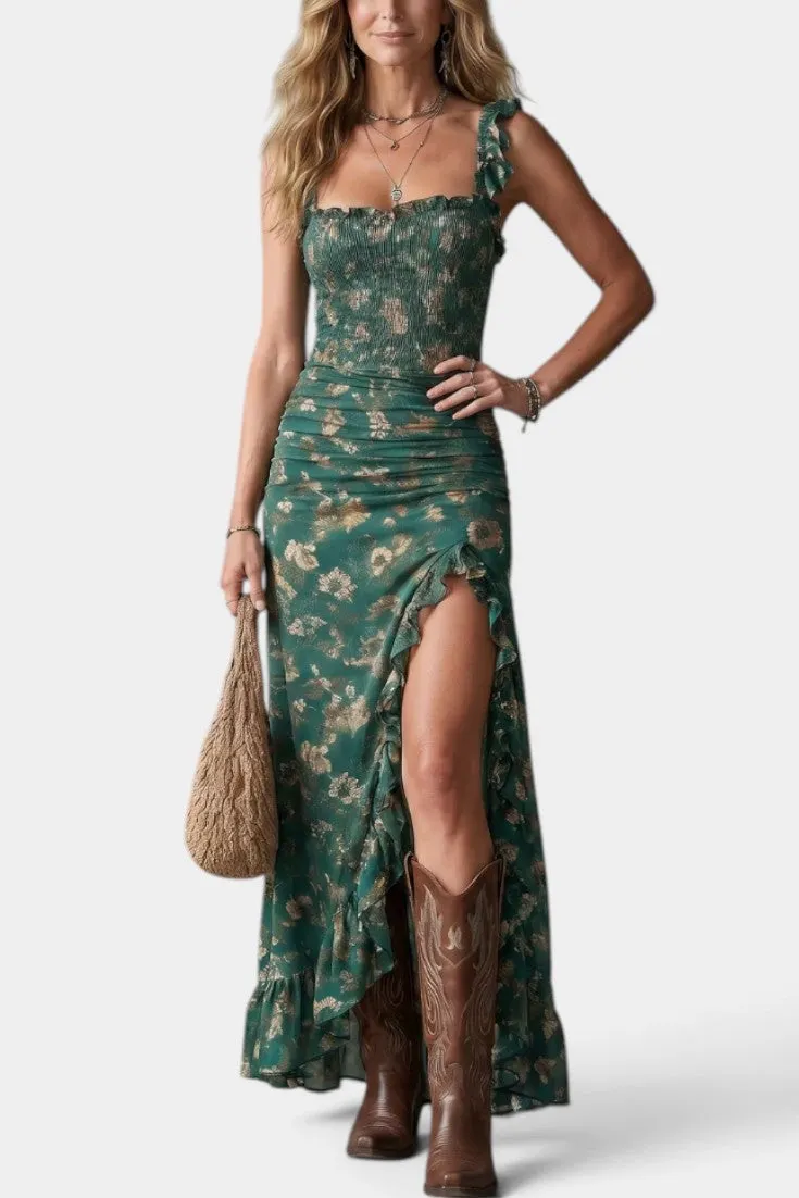 Ruffled Floral Maxi Dress with High Slit