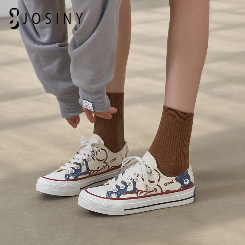 JOSINY 2022 Women&#39;s Shoes Canvas Sneakers For Ladies Lace Up Sports Shoes for Girls Cartoon Bear Comfortable