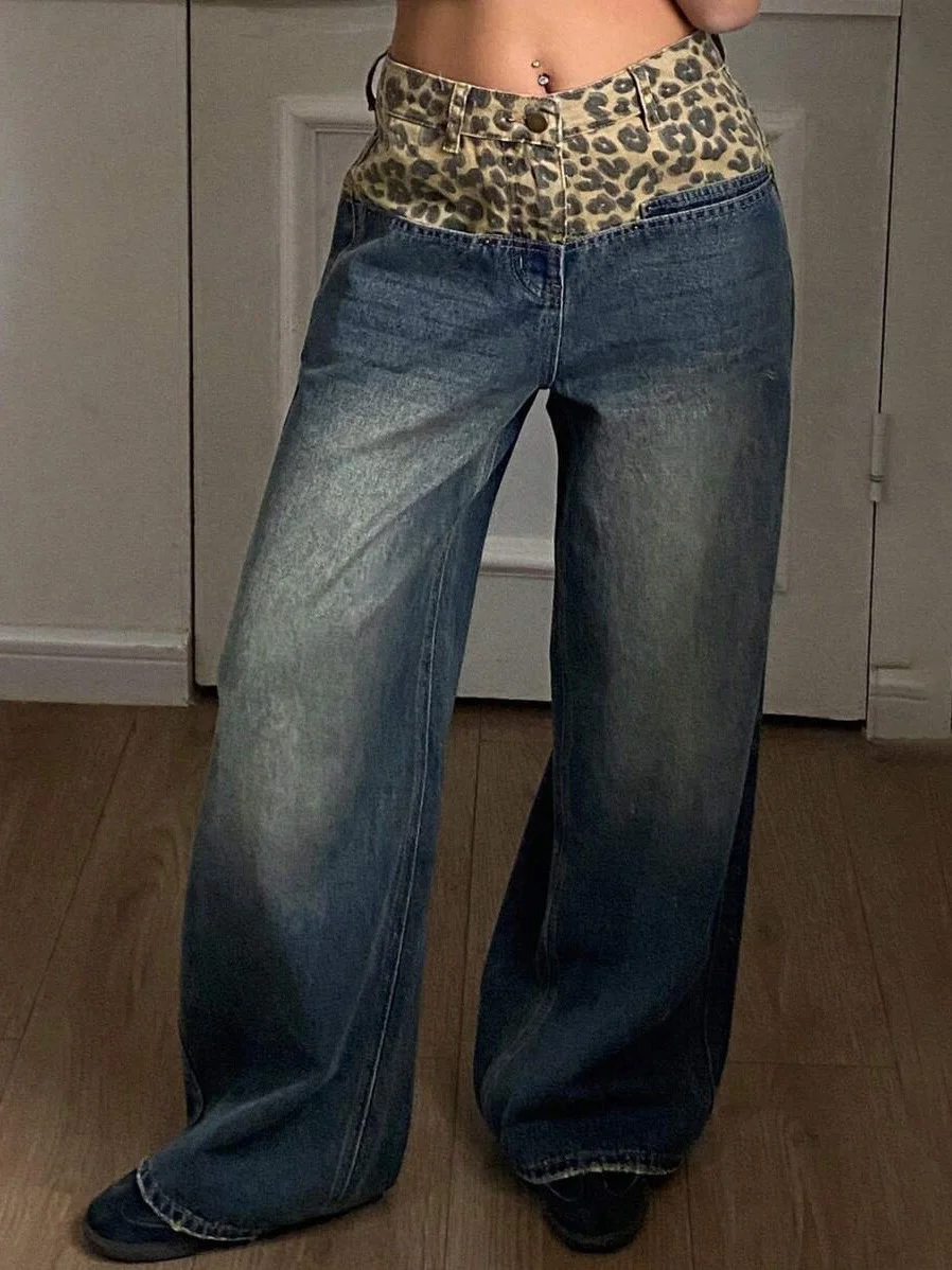 Athvotar Athvotar Splicing Retro Leopard-Print Broad-Legged Pants Jeans Women's Niche To Make Old Loose Breathable Straight Pants