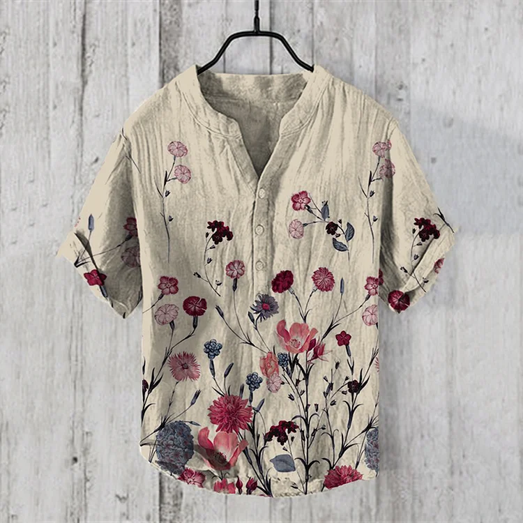 Men's Vintage Art Blossom V Neck Casual Linen Blend Shirt