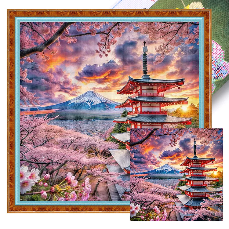 【Huacan Brand】Under Mount Fuji 45*45cm 11CT Stamped Canvas Cross Stitch gbfke