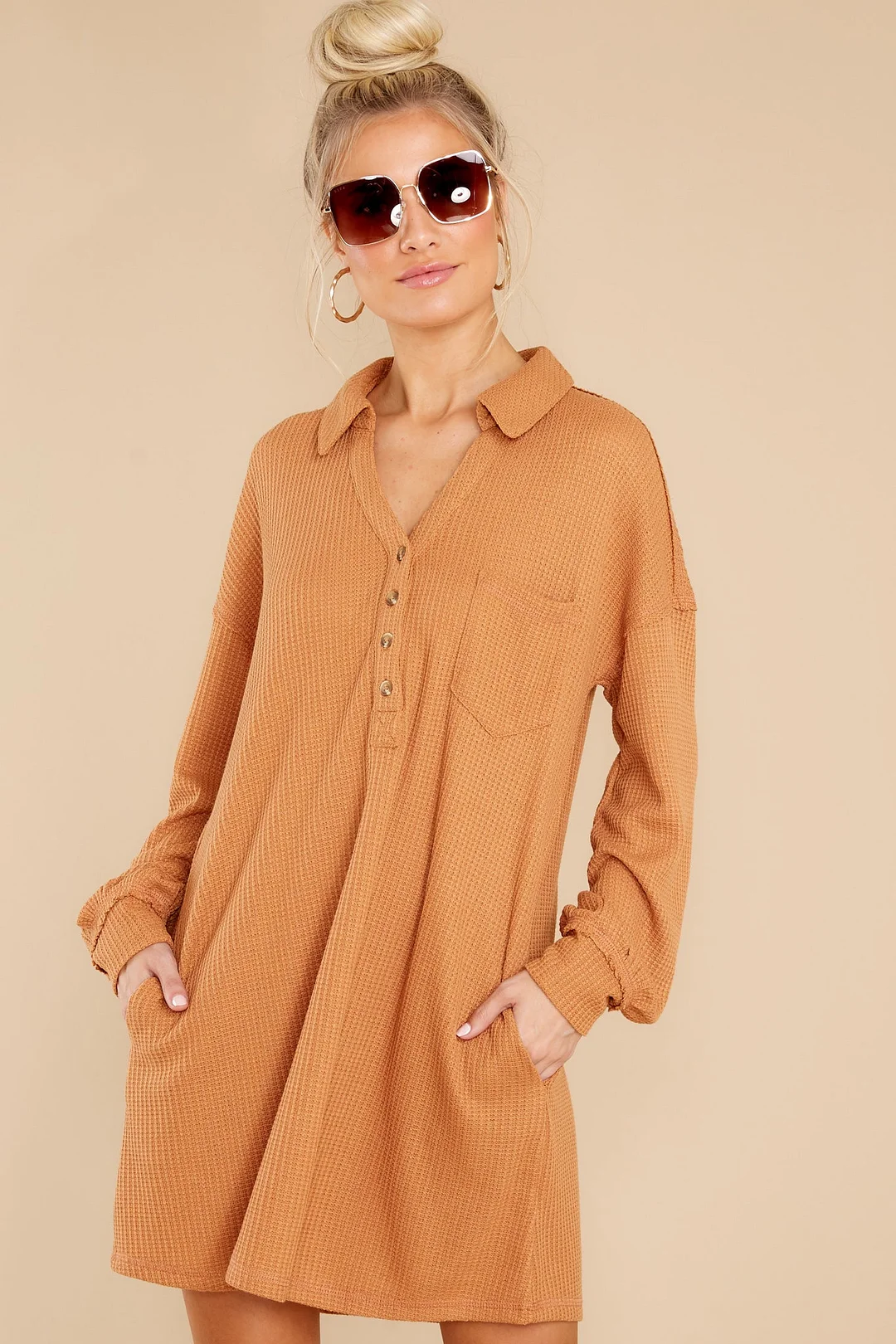 Know Your Worth Camel Waffle Knit Dress