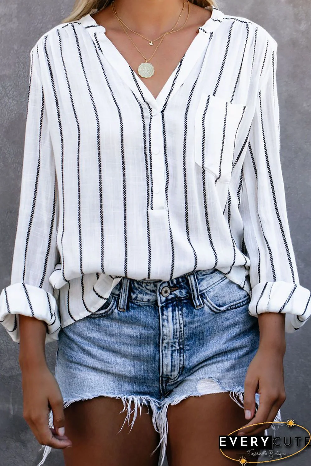 White Striped V Neck Pocket Long Sleeve Top