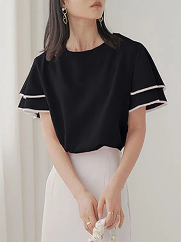 Short Sleeves Falbala Tiered Round-Neck T-Shirts Tops