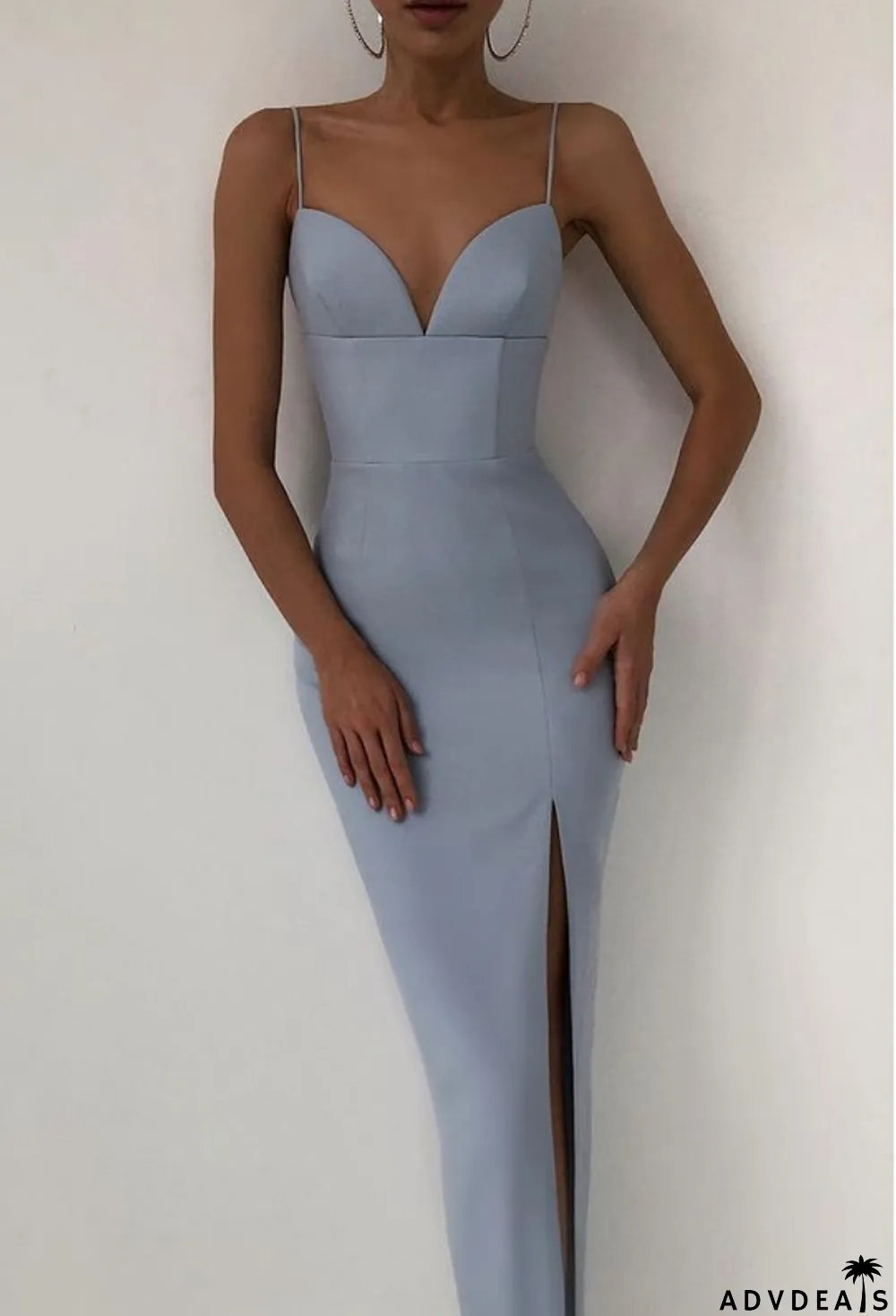 Spring Sky Blue High Waist Slit Strap Long Evening Dress