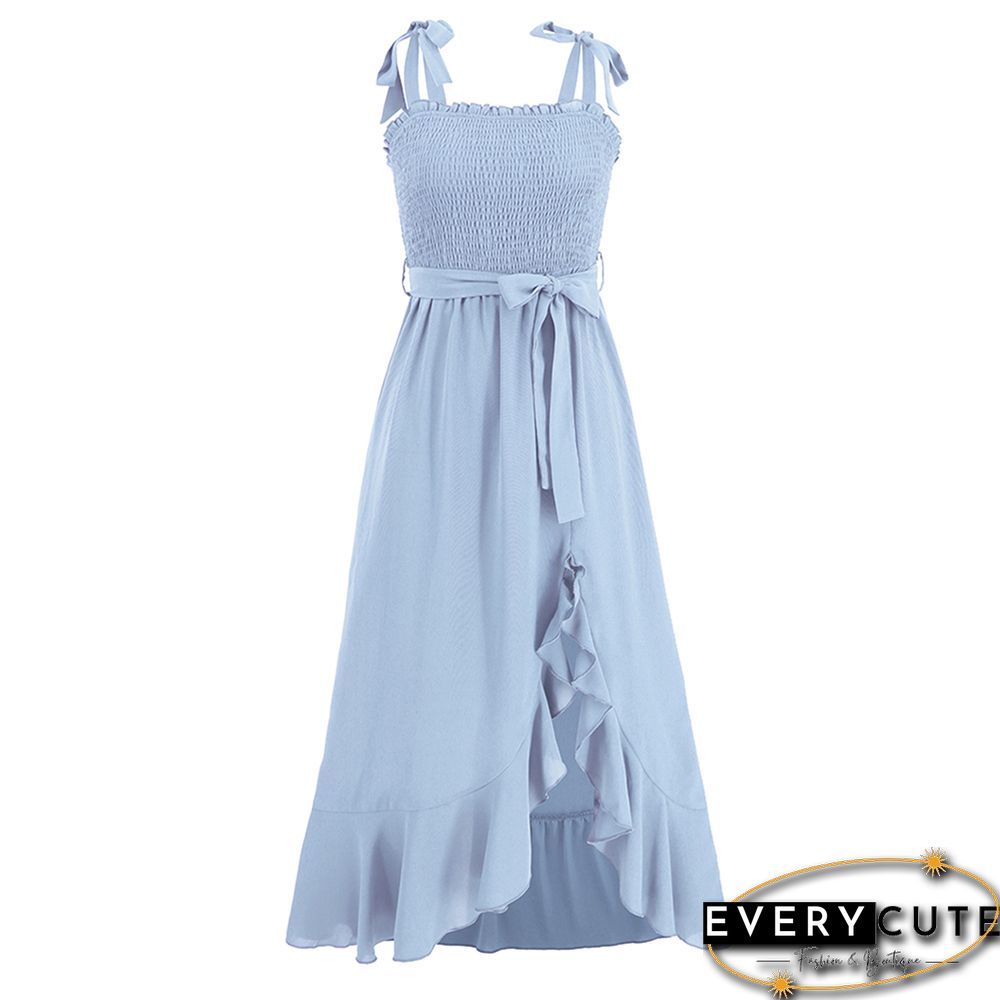 Light Blue Bow Knot Straps Irregular Slit Maxi Dress