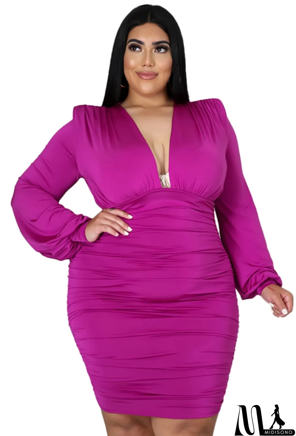 MidiSono - Autumn Plus Size Formal Purple Long Sleeve Ruched Bodycon Dress