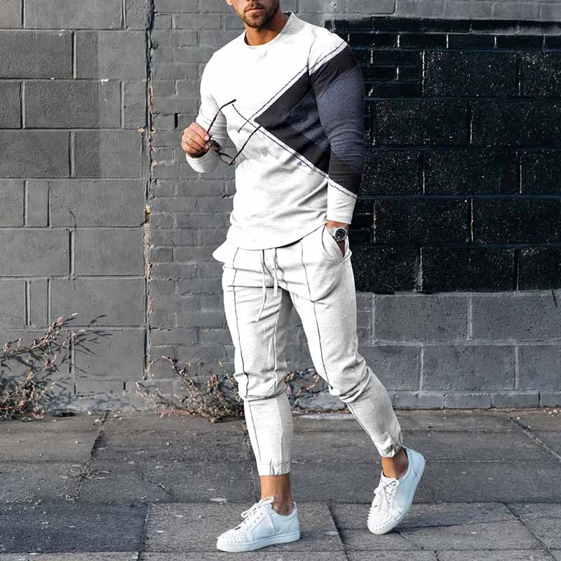 Trendy Geometric Minimalist Print Long Sleeve T-Shirt And Pants Co-Ord