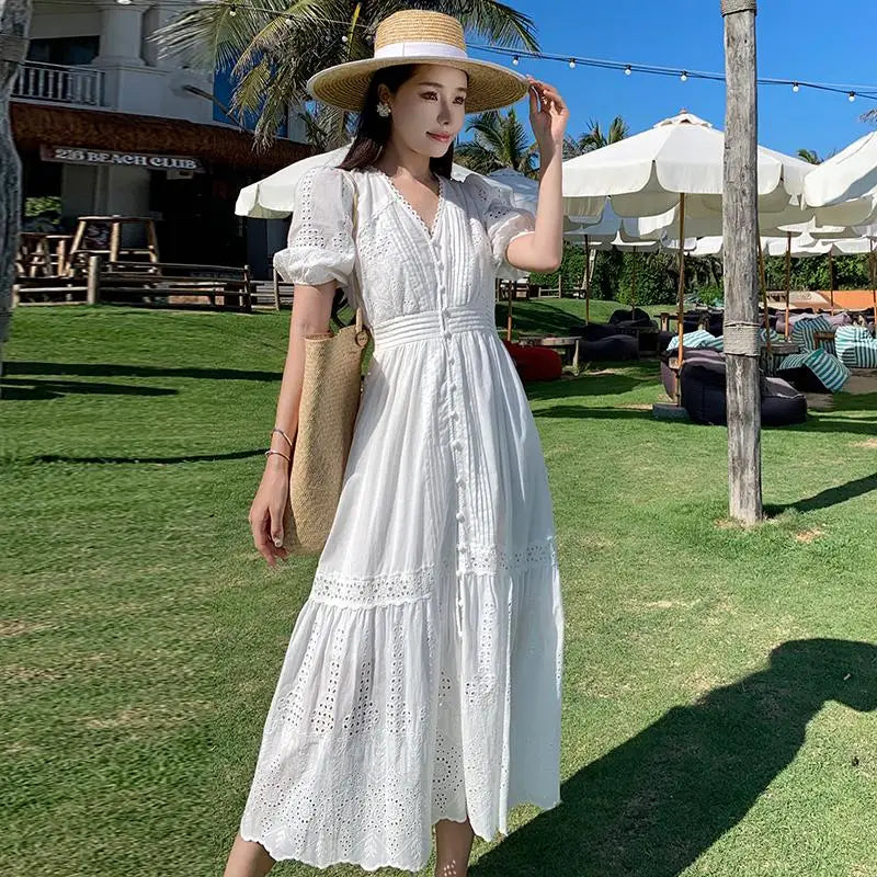 Aiertu Vintage Summer White Hollow Out Embroidery Long Dress For Women V Neck Short Sleeve High Waist Slim Evening Party Dresses French Aiertu
