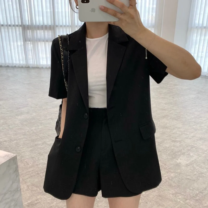 UForever21 Summer Korean Shorts Sets Office Lady 2 Two Piece Set Women High Waist Short Pant And Short Sleeve Blazer Suits Casual Outfits