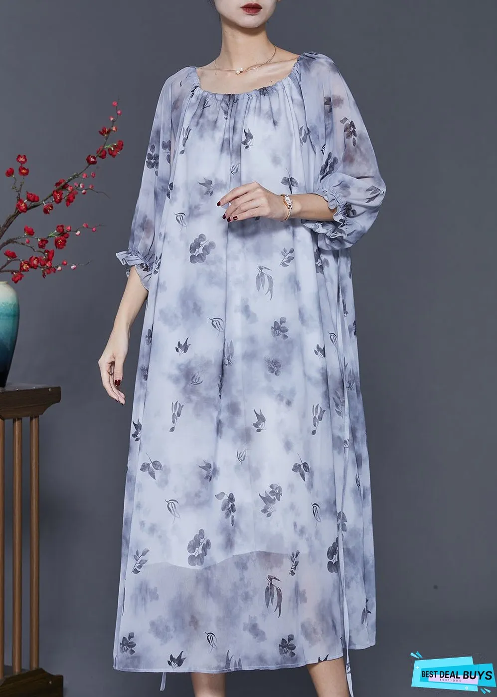 Women Grey Print Tie Dye Chiffon Long Dress Half Sleeve