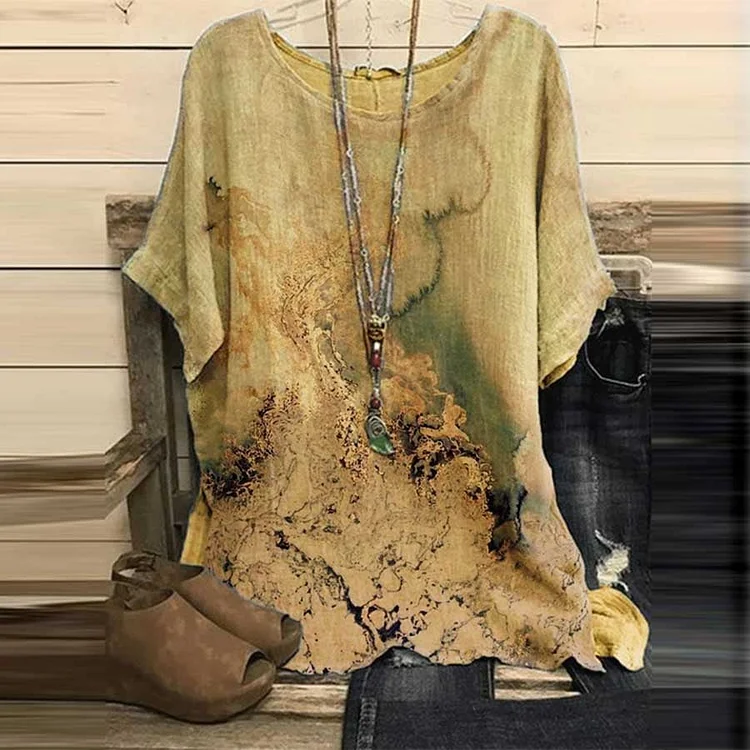 Tie-dye Loose Round Neck Short Sleeve Cotton Linen Tops