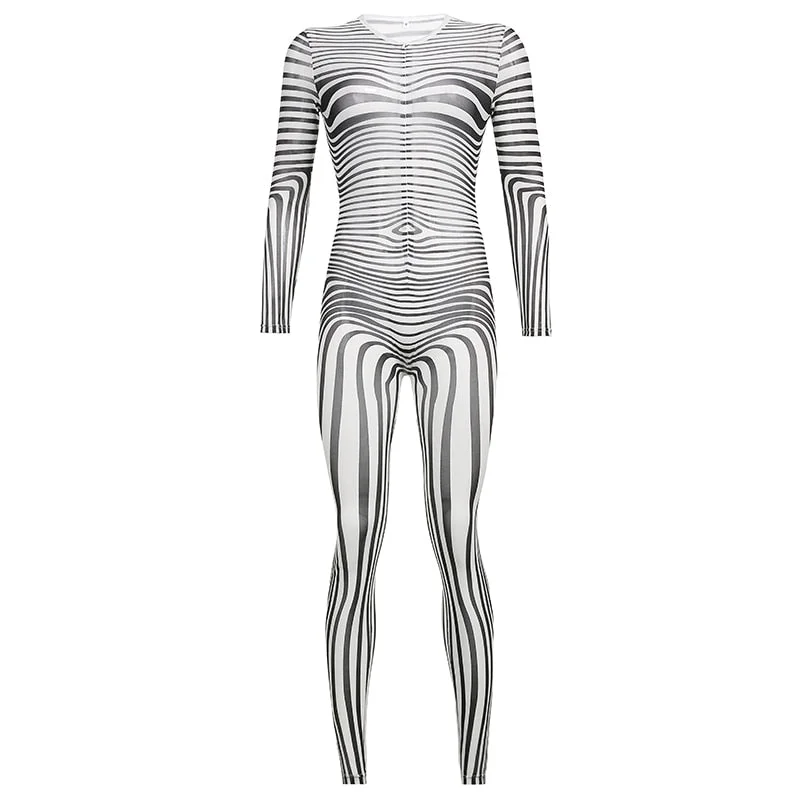 BIIKPIIK Striped Print Elegant Jumpsuits Mesh Sexy Long Sleeve Autumn Workout Overalls Casual Skinny Basic Jogging Clothing
