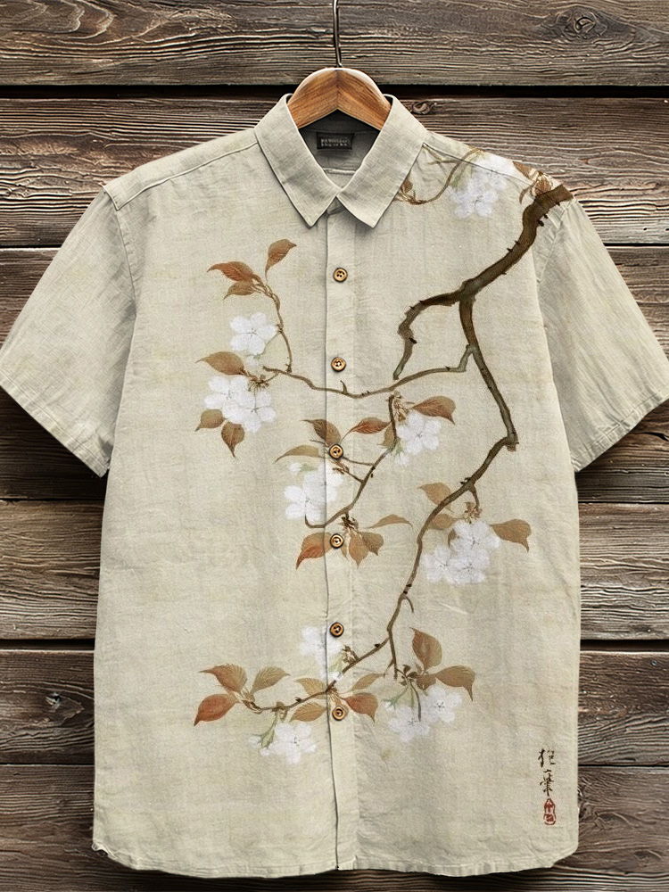 Retro Japanese Cherry Blossom Art Linen Shirt  artssus