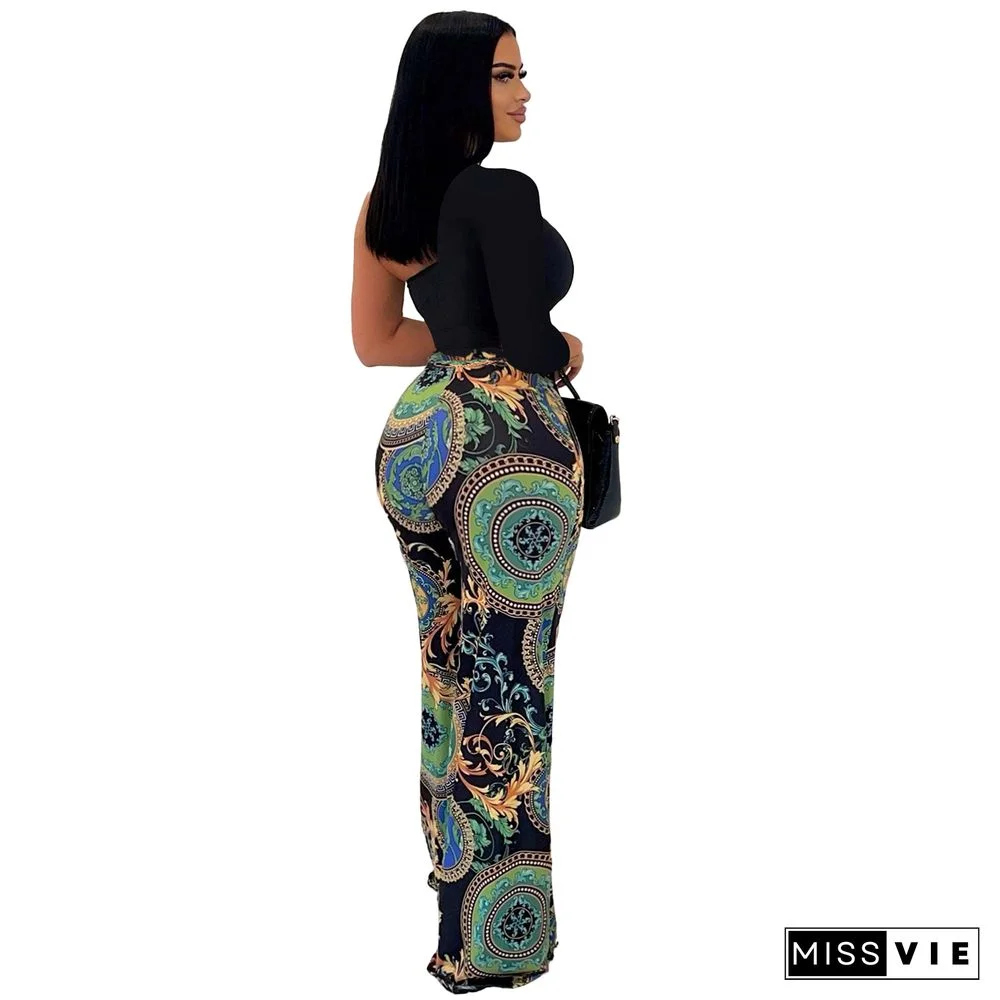 Single Shoulder Patchwork Lace Up Wide Leg Jumpsuits