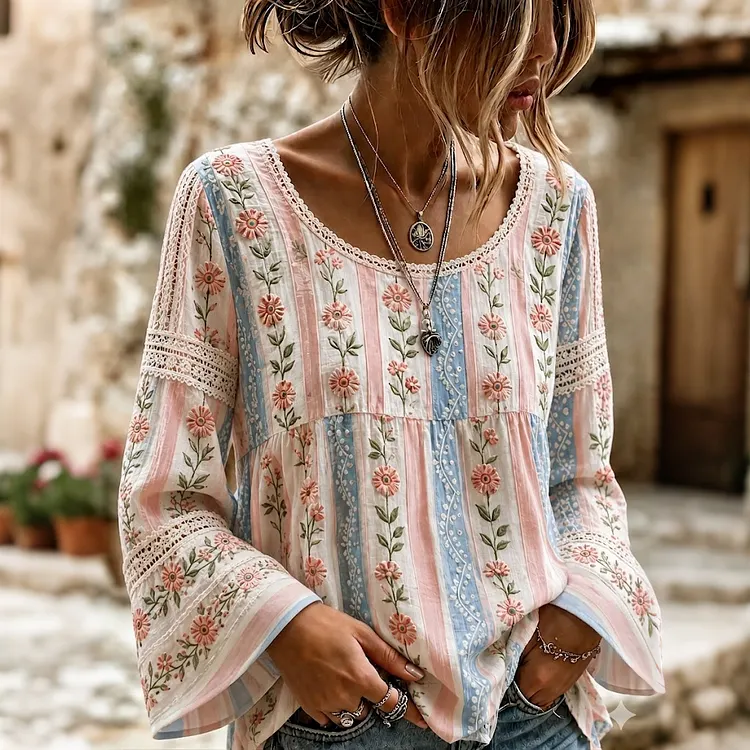 Women's Vintage Floral Vine Art Embroidery Patchwork Cotton Linen Top