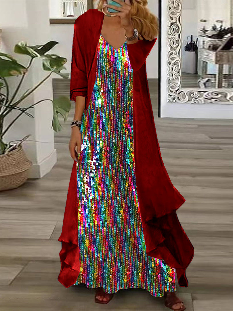 Women's Long Sleeve V-neck Sequins Graphic Printed Two Pieces Maxi Dress