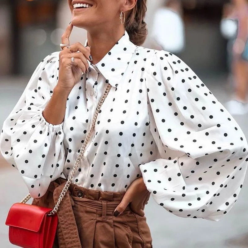 New Office Lady White Blouse Shirt Women Polka Dot Lantern Sleeve Women Blouses Tops Oversized Loose Female Shirt Blusas 12372