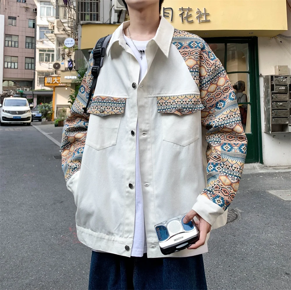 Woherb Coat Male Spring And Autumn Design Sense Minority China-Fashion Ruffian Handsome Print Jacket Large Size Retro Niche Splicing Jacket Coat-Outfit Ideas