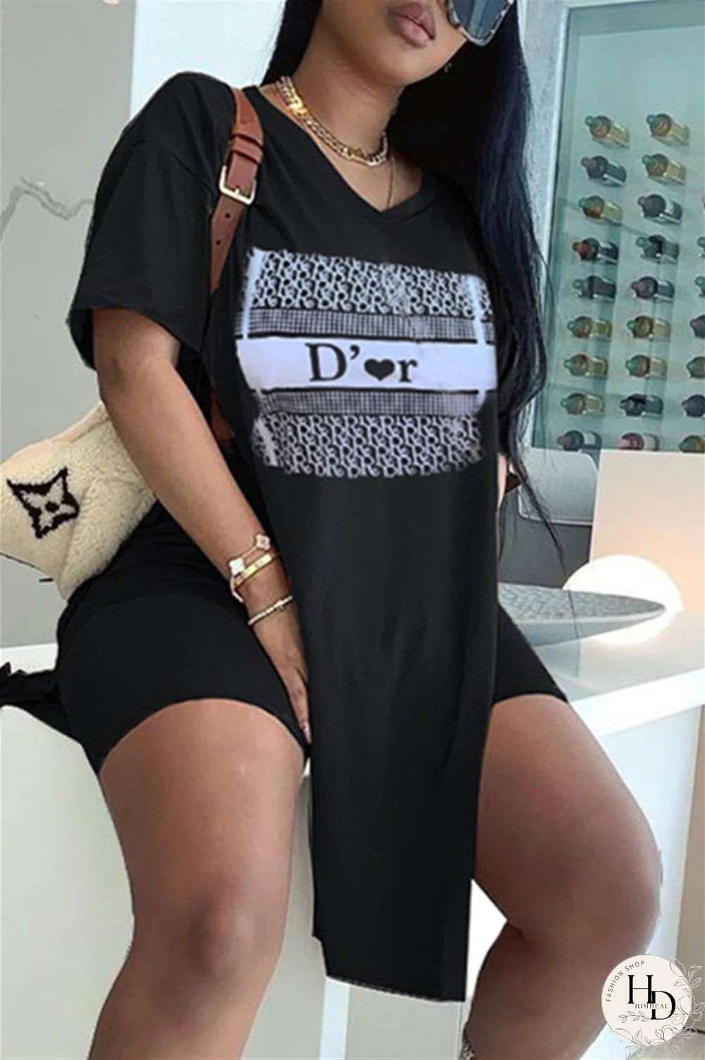 Black Fashion Casual Print Slit V Neck Short Sleeve Two Pieces