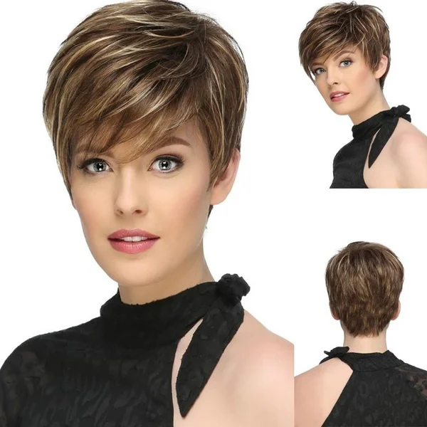 Peruca Humano Hair Wig Women's Fashion Synthetic Hair Multicolour Brown Short Wigs with Bangs Blonde Pixie Cut Hairstyle Fancy Dress Party Wigs