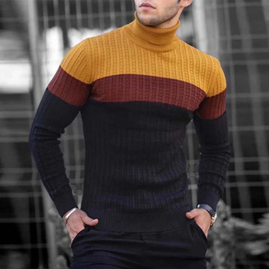 Mens Fashion Contrast Color High Neck Stitching Sweater