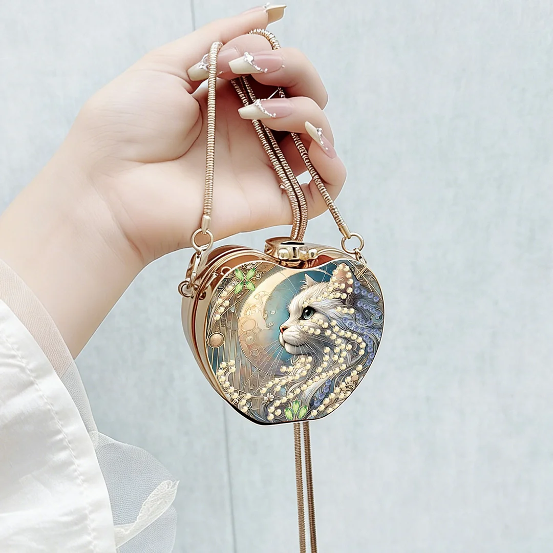 Cat Moon DIY Acrylic Love Diamond Art Painting Card Case Wallet with Chain Small Diamond Painting Crossbody Bag for Adults Women Girls Gift