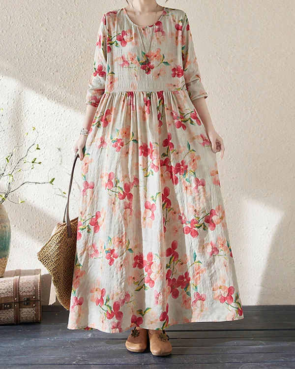 Holiday Floral Round Neck Vintage Cotton and Linen Dress