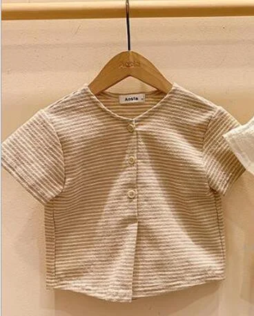 Korean Style 2020 Summer Toddlers Girls Cotton Shirts Ruffles Collar Puff Sleeve Baby Kids Tops Cute Blouses Infants Clothes