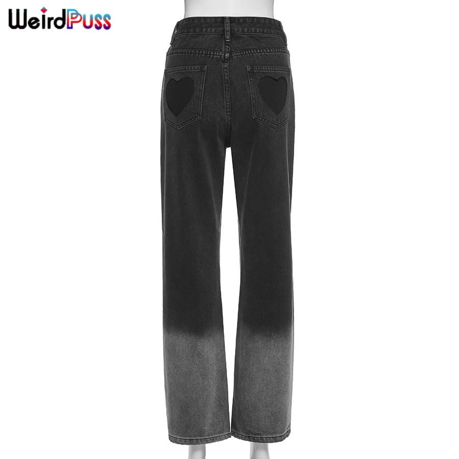 Weird Puss Women Chic Heart Shaped Y2K High Waist Gradient Jeans baggy Harajuku Straight pants Vintage Denim Streetwear Trousers