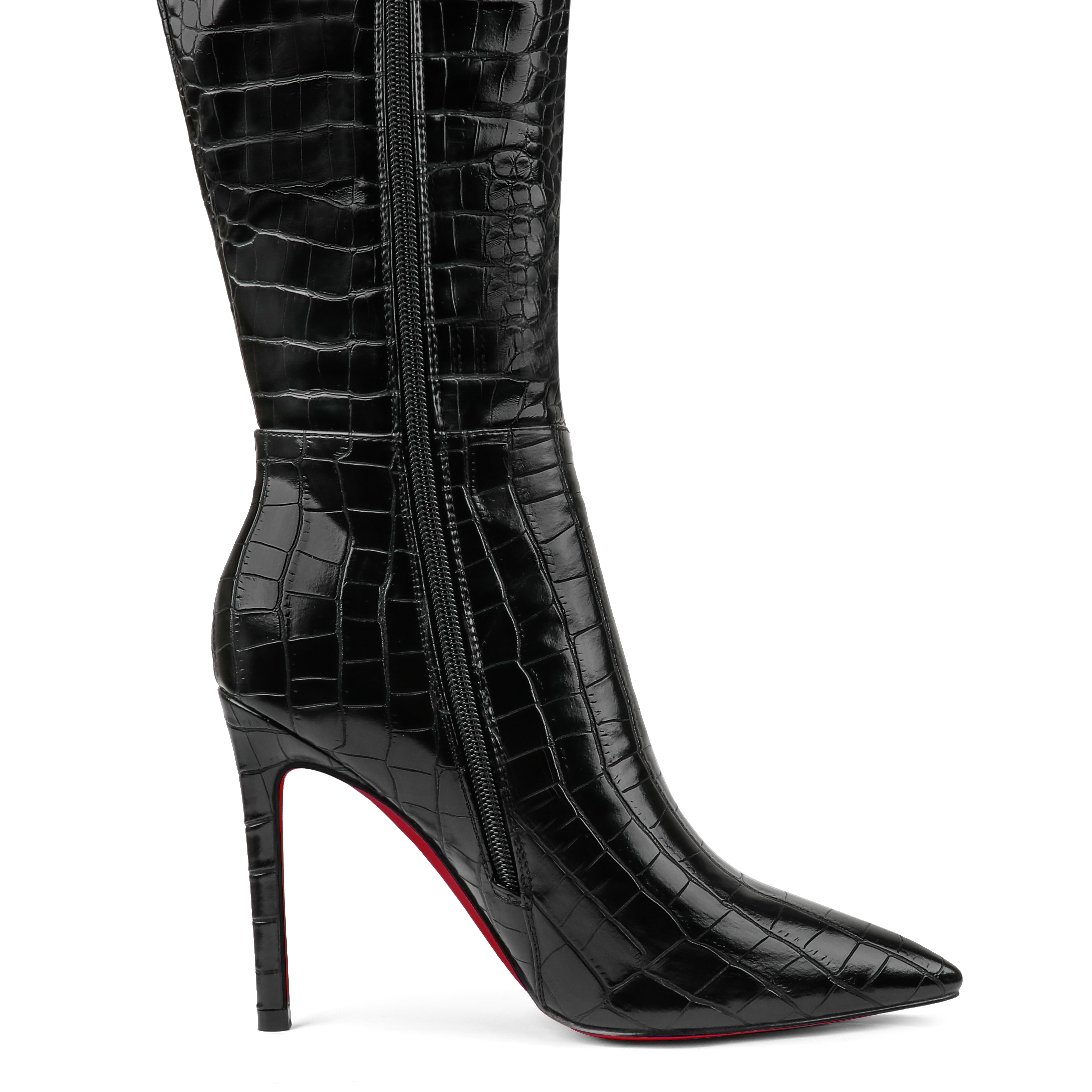 100mm Women's Fashion Zipper Leather High Heels Knee Boots Red Bottom Shoes-MERUMOTE