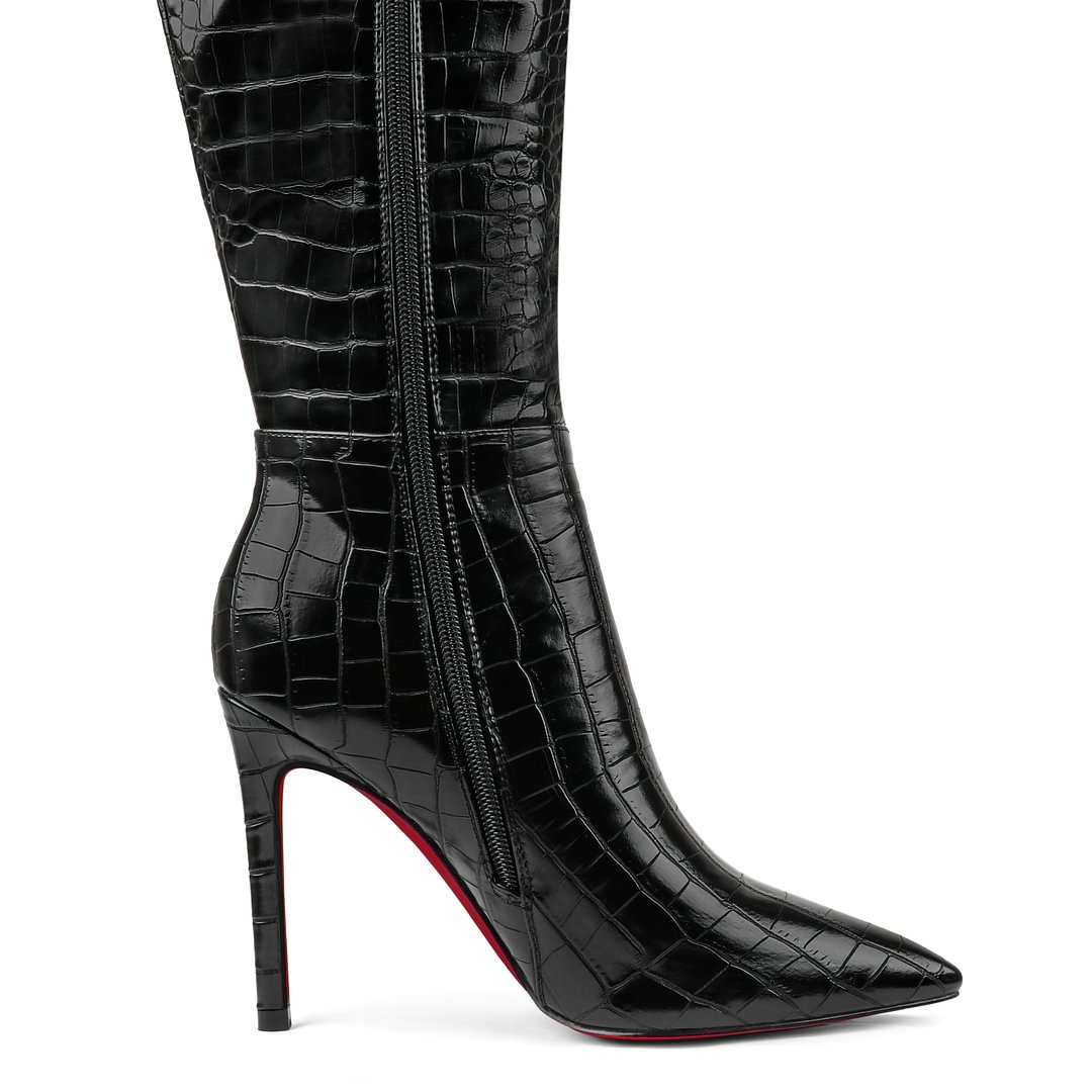 100mm Women's Fashion Zipper Leather High Heels Knee Boots Red Bottom Shoes-MERUMOTE