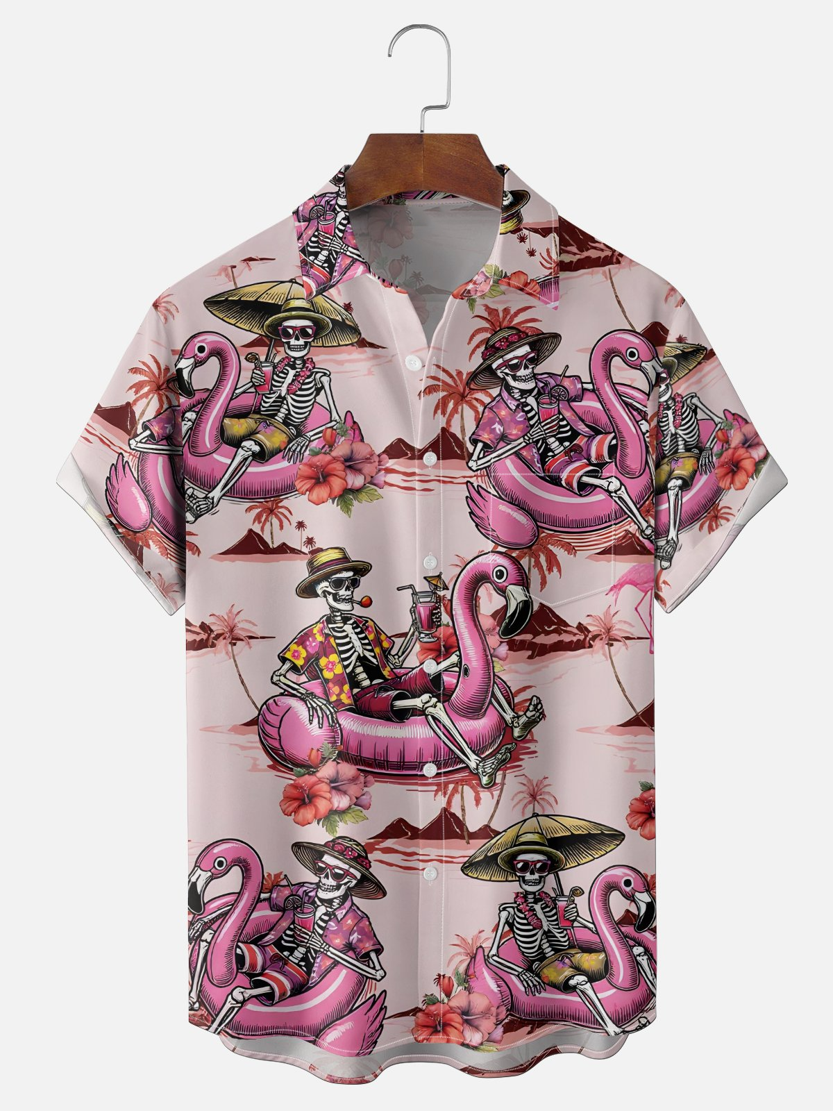 Moisture-wicking Flamingo Skull Flowers Coconut Tree Chest Pocket Hawaiian Shirt PLUSCLOTHESMAN